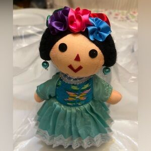 Handmade Teal Girl Doll with Colorful Ribbon Headband